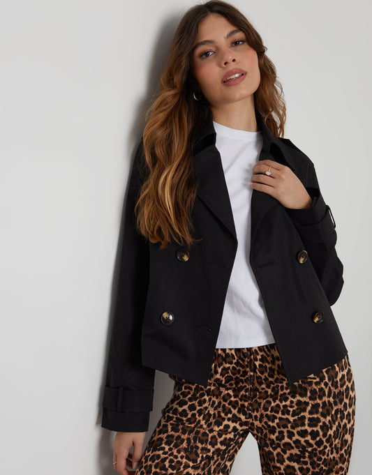 Women's Black Double Breasted Cropped Trench Coat